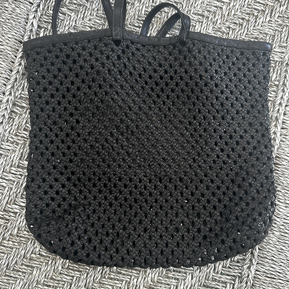 En Shalla Black leather macrame woven tote